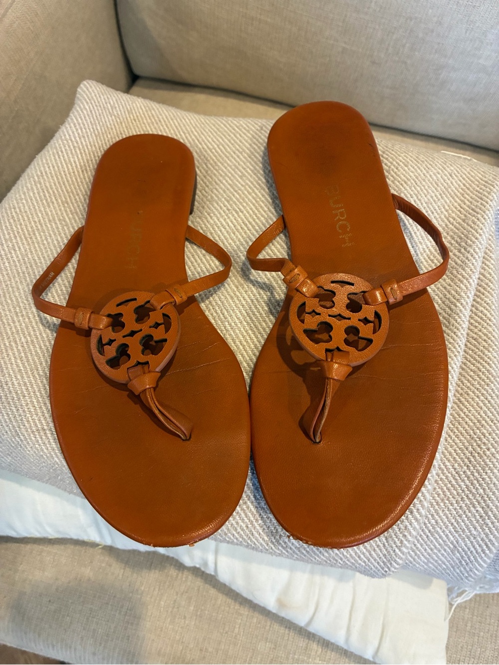Tory Burch Cognac Leather Logo Thong Sandals